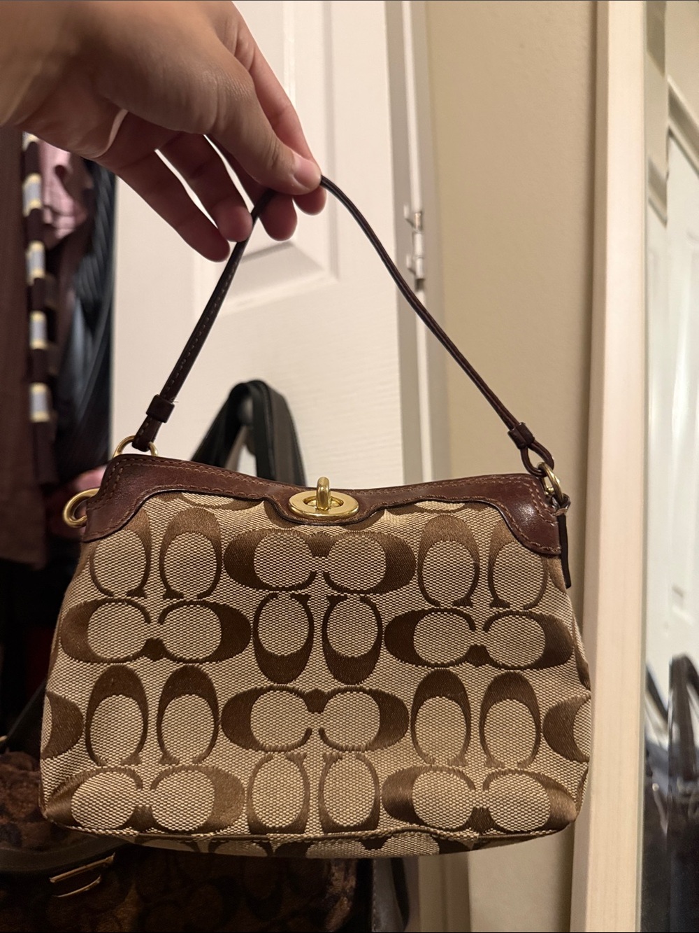 Coach Tan and Brown Signature Shoulder Bag with Turn-Lock